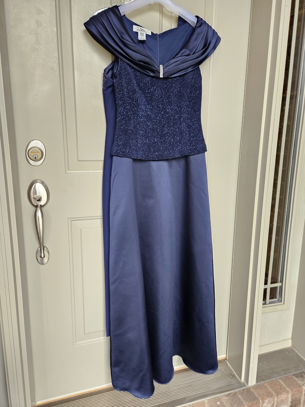 Petite Sophisticate Navy Blue Draped Off-Shoulder Evening Dress